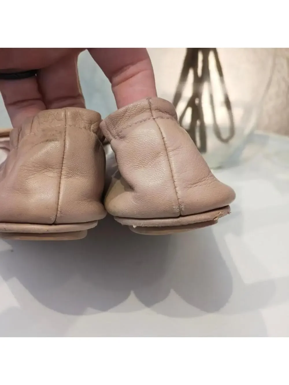 Tory Burch Minnie Travel Ballet Flat Peach Light Beige Metal Logo 8.5 Excellent